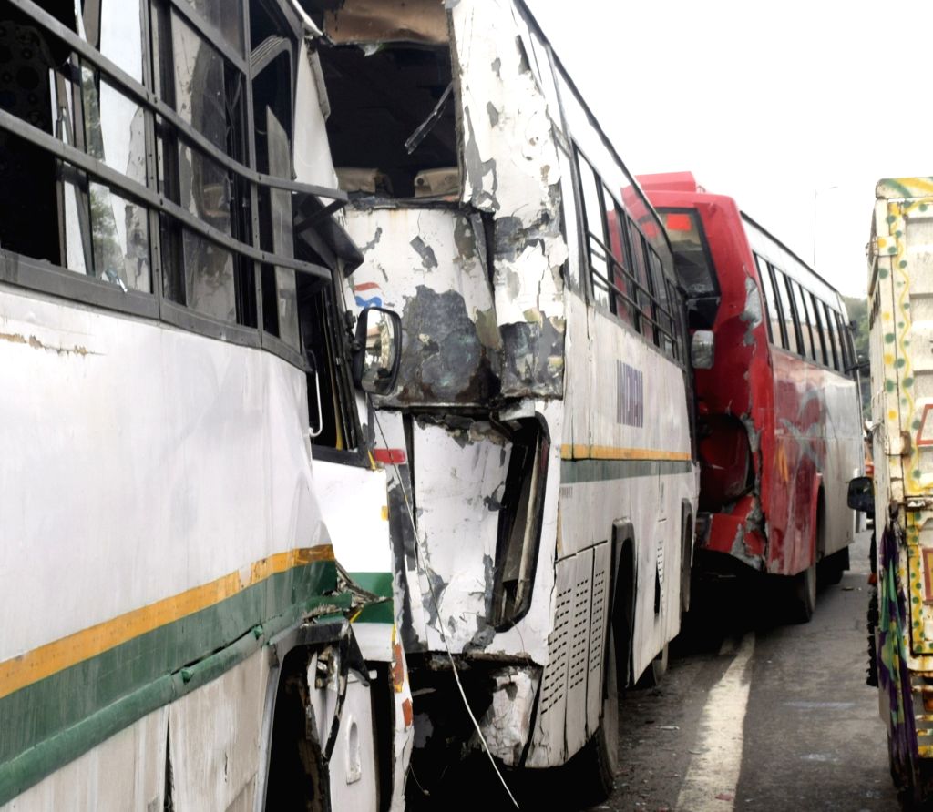 Vehicles including four school buses collided with each other