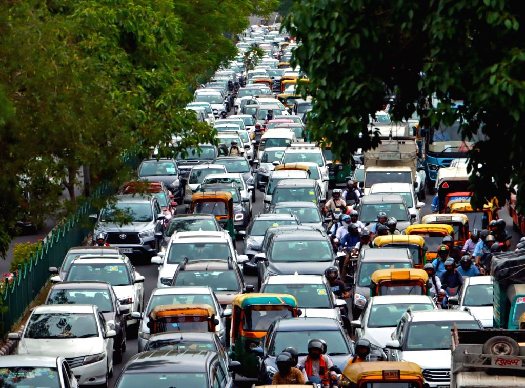 Vehicles Stuck In A Heavy Traffic Jam After A Truck Accident At 
