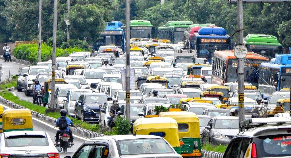 Vehicles stuck in a traffic jam after heavy rainfall near ITO