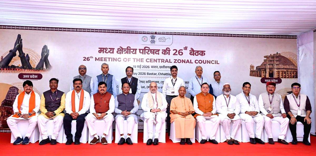 Union Home Minister Amit Shah in a group photograph with Uttarakhand Chief Minister Pushkar Singh Dhami, Uttar Pradesh Chief Minister Yogi Adityanath, Madhya Pradesh Chief Minister Mohan Yadav, Chhattisgarh Chief Minister Vishnu Deo Sai and others during the 26th Central Zonal Council meeting