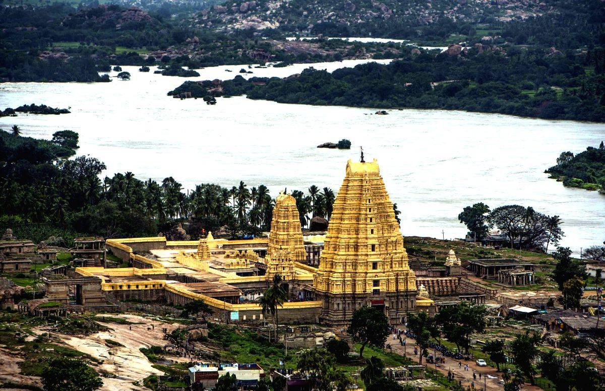 A view of the swollen Tungabhadra river after heavy rains, in Karnataka's Hampi on Aug 16, 2018.