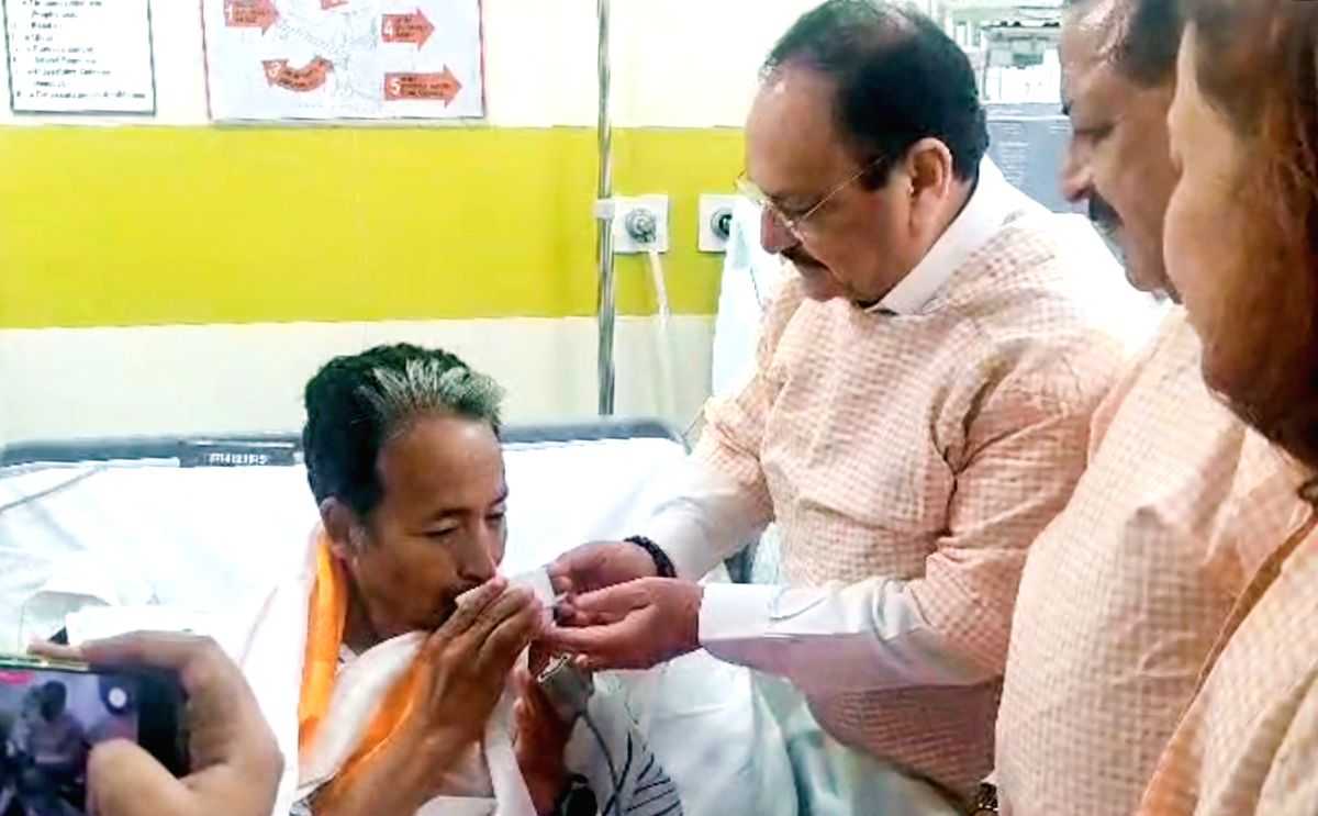 Union Health and Family Welfare Minister J.P. Nadda meets activist Sonam Wangchuk at Medanta Hospital in Gurugram