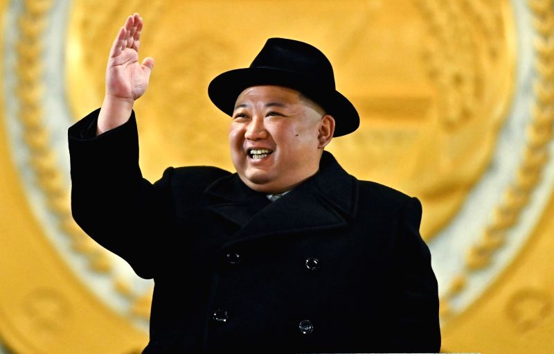 :Pyongyang:North Korean leader Kim Jong-un waves during a military parade.
